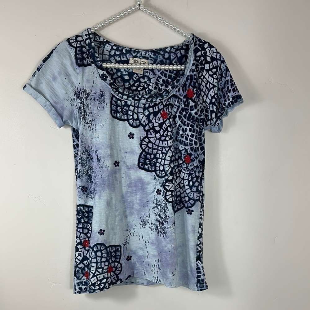 Lucky Brand Blue Tie Dye Embroidered Boho Short Sleeve Top Small
